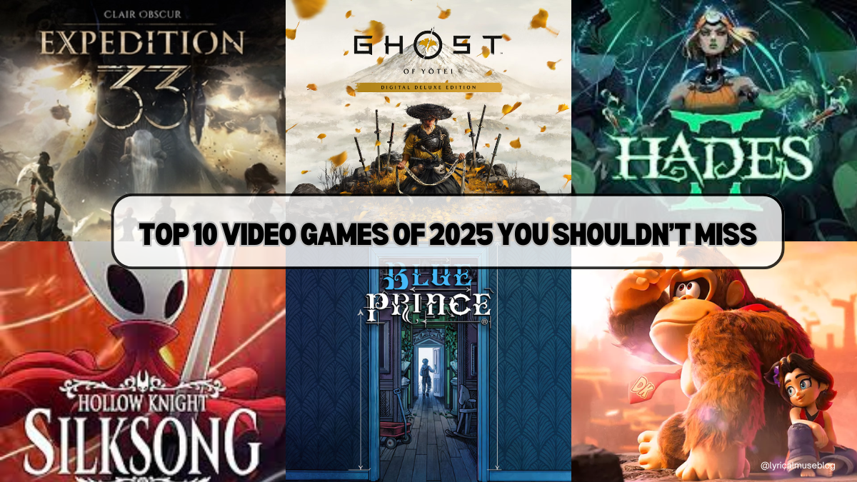 A collage featuring Clair Obscur: Expedition 33, Ghost of Yōtei, Hades II, Hollow Knight: Silksong, and Donkey Kong Bananza, representing the best video games of 2025.