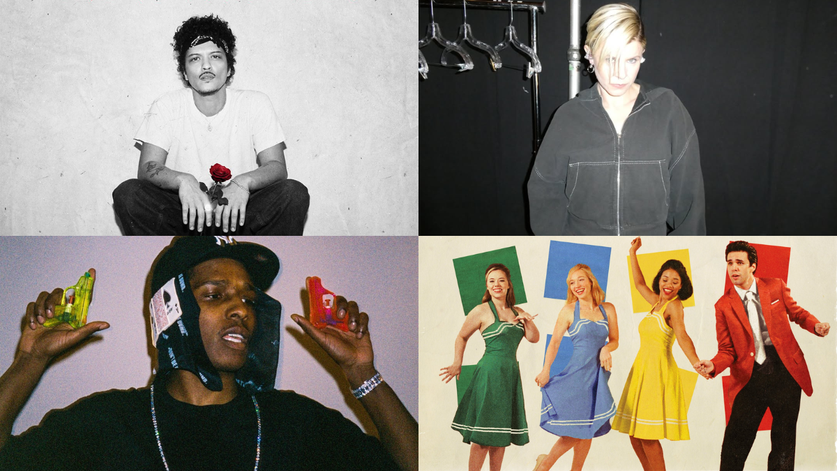 Collage featuring Bruno Mars, Stephen Sanchez, Robyn, and A$AP Rocky for New Music Friday 2026